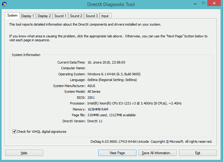 Ukázka programu Nástroj pro diagnostiku rozhraní DirectX ve Windows 8.1