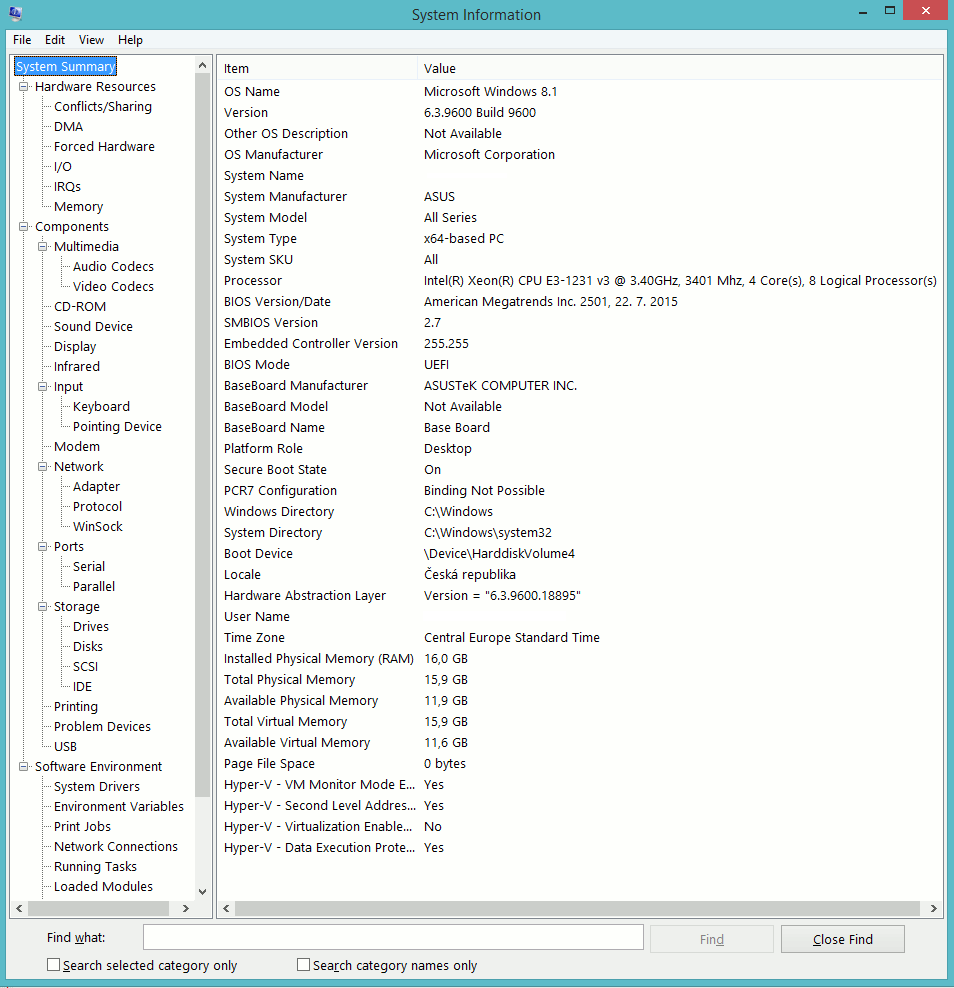 Ukázka programu Systémové informace ve Windows 8.1